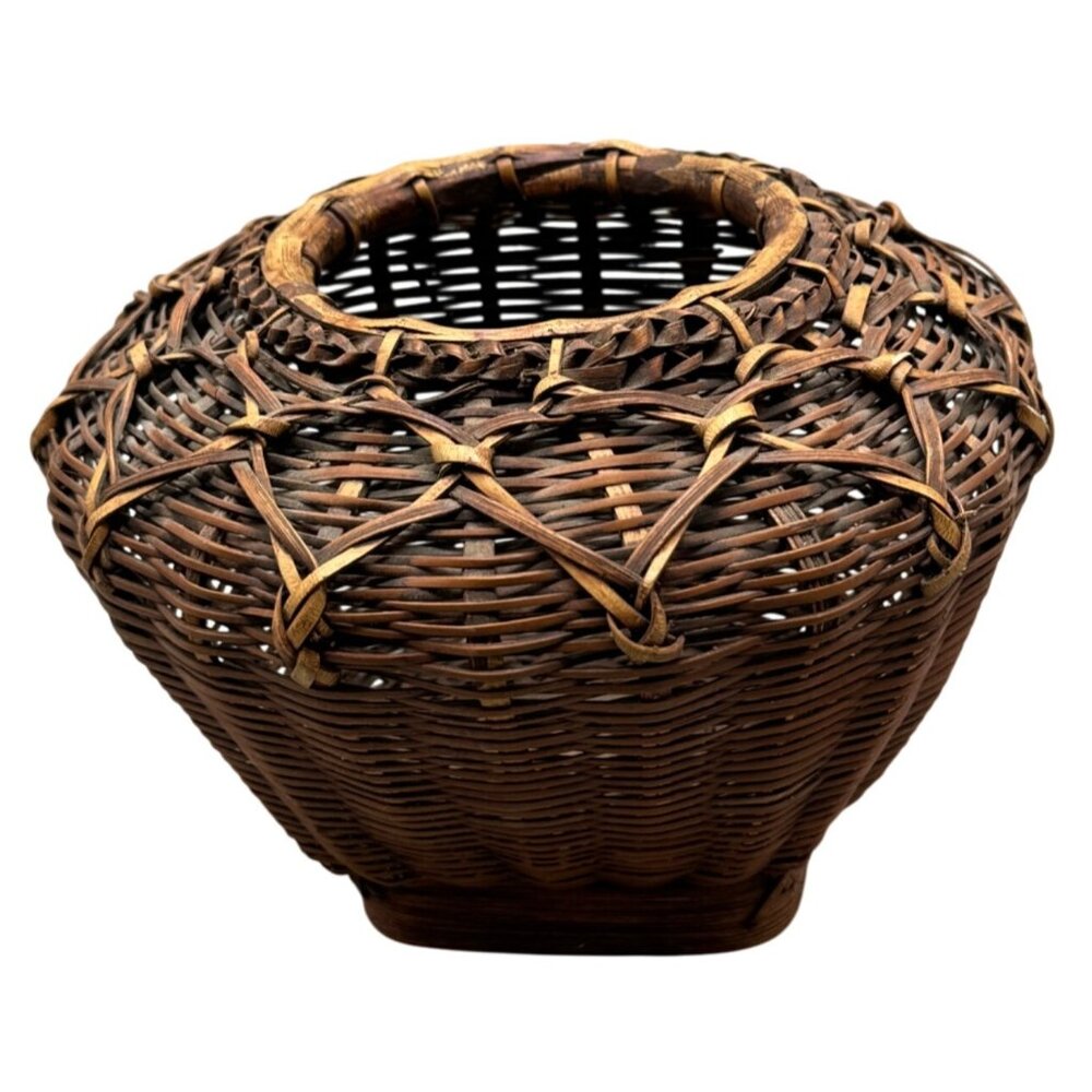 Vintage Handwoven Brown Rattan Basket Vase sturdy weaved storage decor bass READ